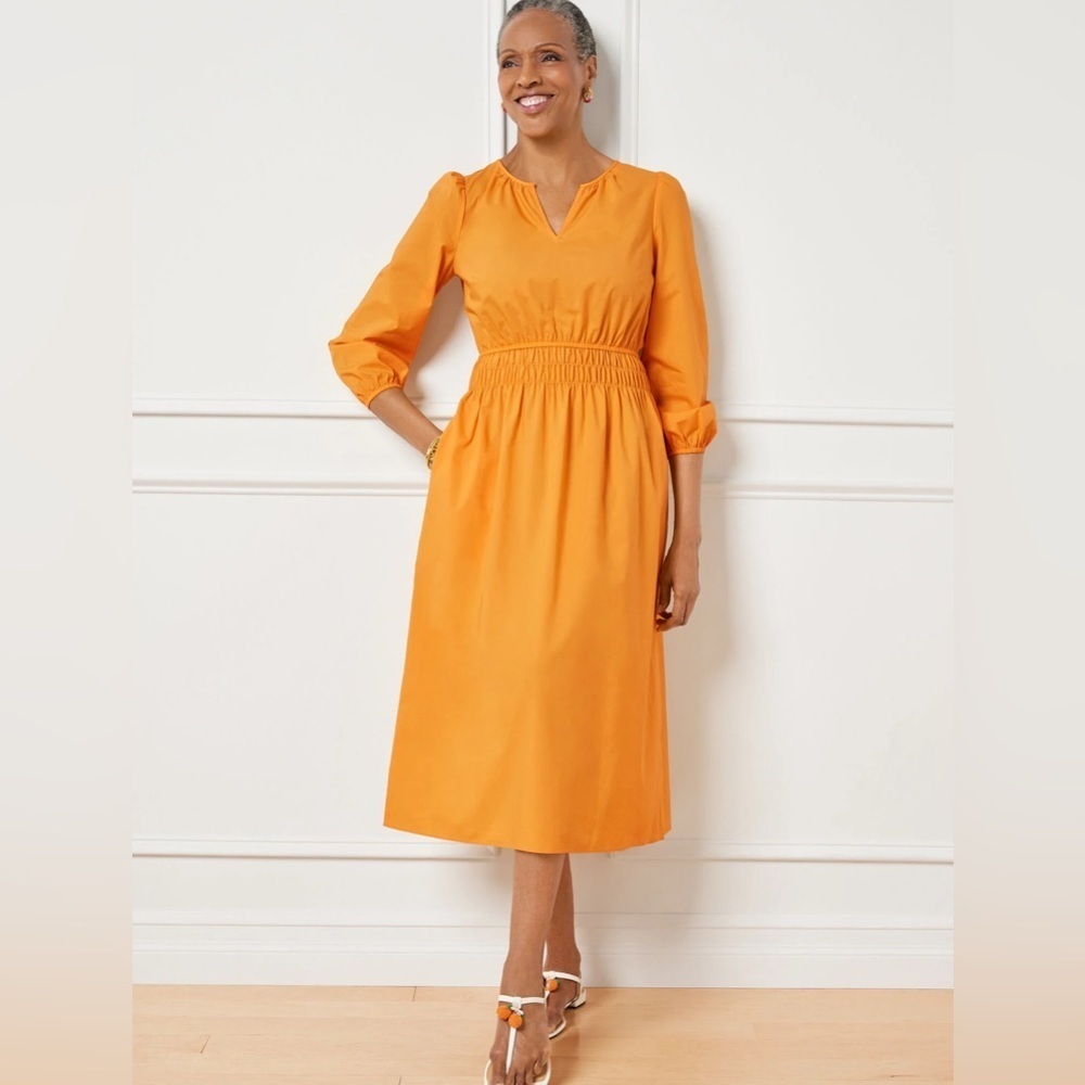 NWT Talbots Smocked Poplin Midi Dress Yellow Size 6 Fit & Flare Split Neck